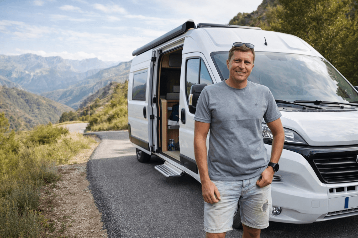 Propietario sonriendo junto a camper blanca estacionada en carretera de montaña con paisaje panorámico