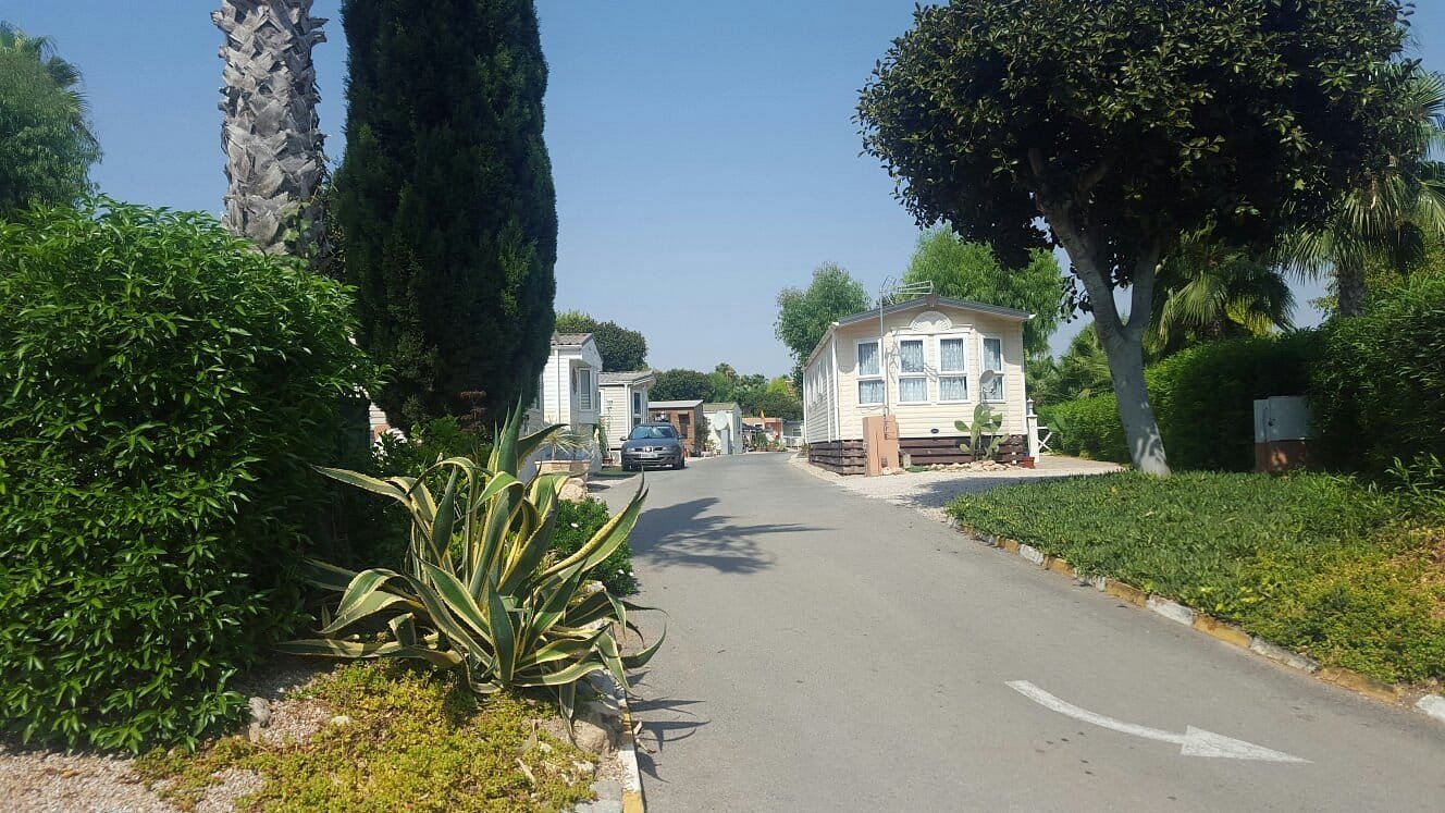 Calle interior de camping con bungalows y vegetación en Torrevieja
