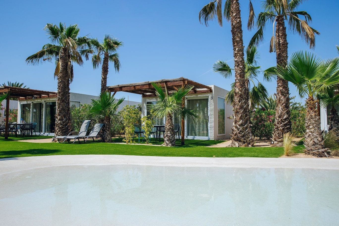 Bungalows modernos con palmeras y piscina en camping en Alicante