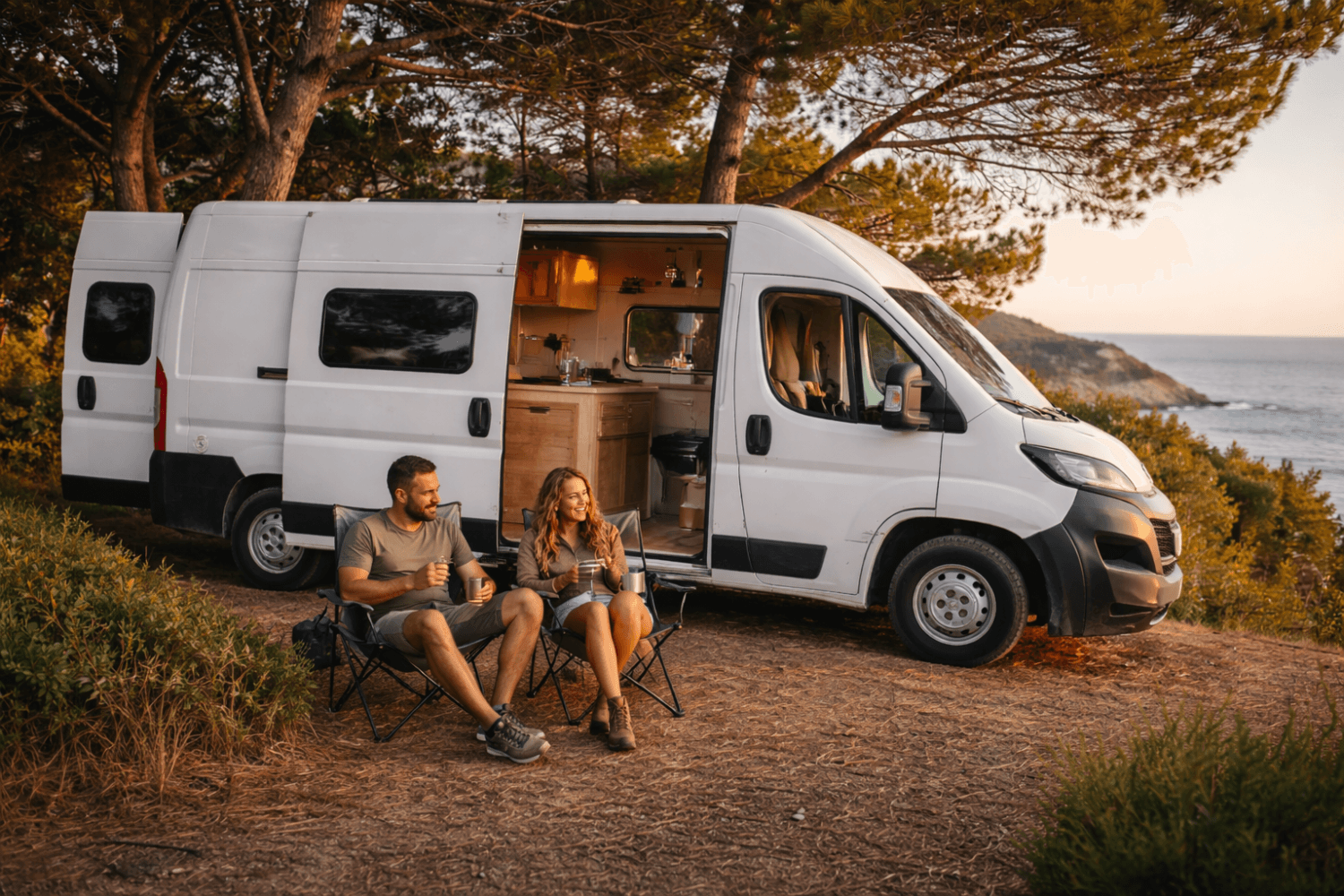 Pareja disfrutando de autocaravana estacionada junto al mar en entorno natural al atardecer