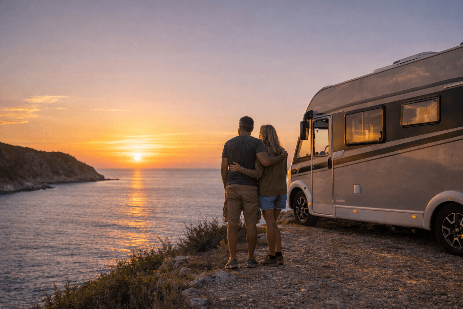 Pareja disfrutando de autocaravana estacionada junto al mar