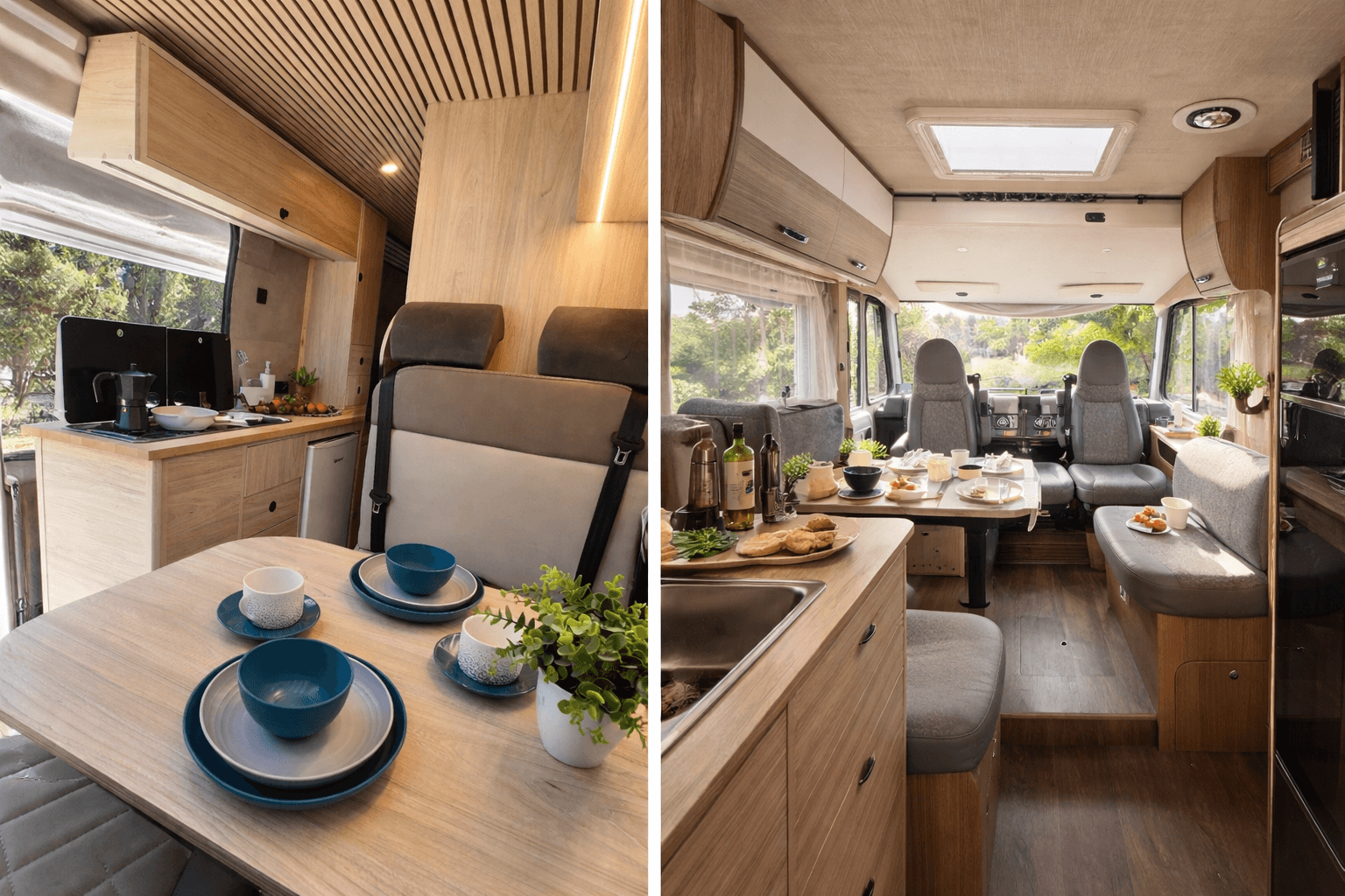 Interior de autocaravana LSR con cocina y comedor equipados para viajar cómodamente