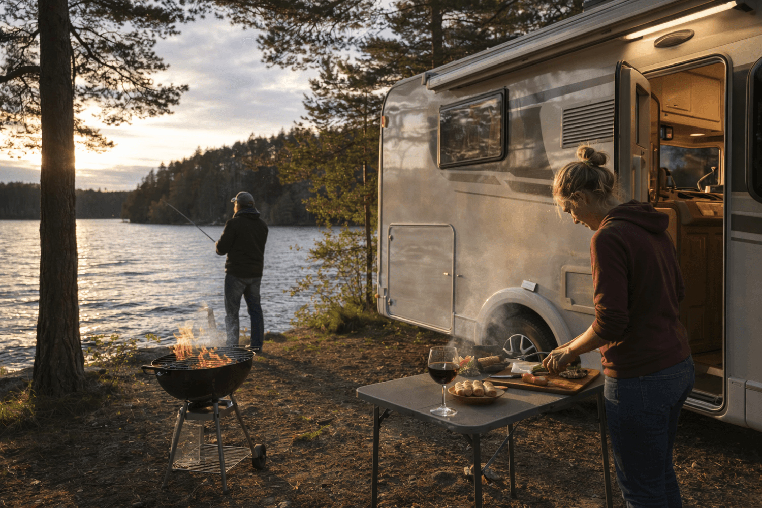 Autocaravana junto a lago con pareja cocinando y pescando al atardecer en entorno natural