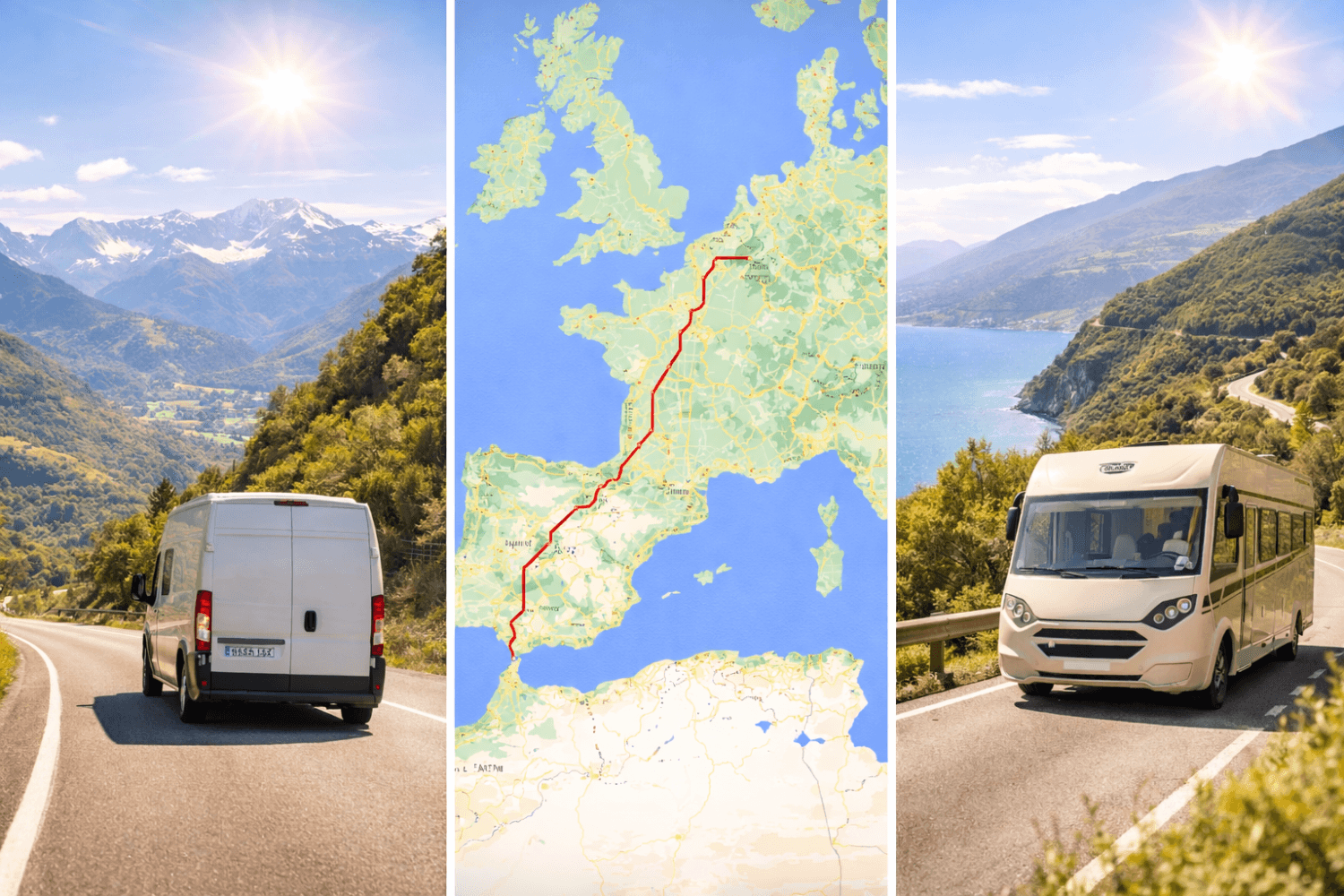 Ruta en autocaravana por Europa con mapa del recorrido y paisajes de montaña y costa