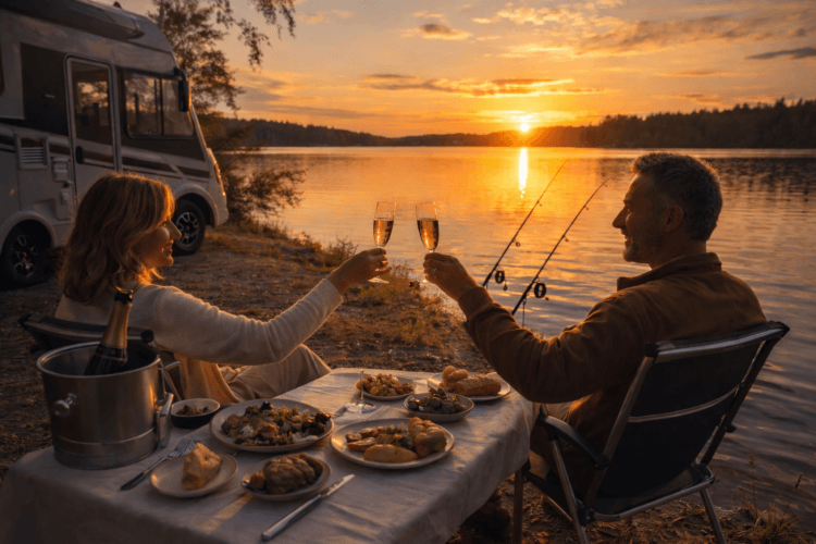 Pareja brindando junto a autocaravana y lago al atardecer durante viaje en camper
