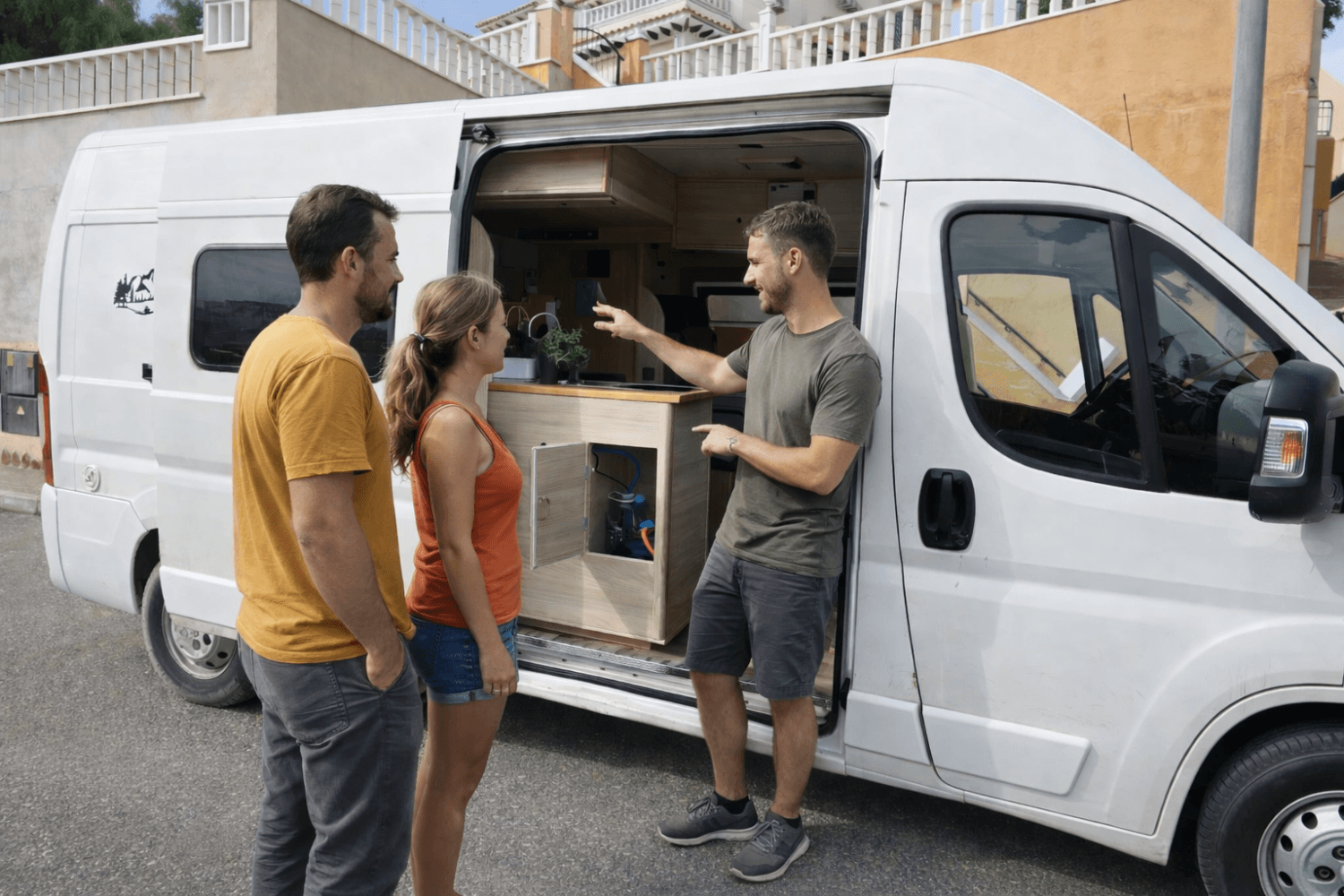 Explicación del funcionamiento interior de camper a clientes antes del alquiler