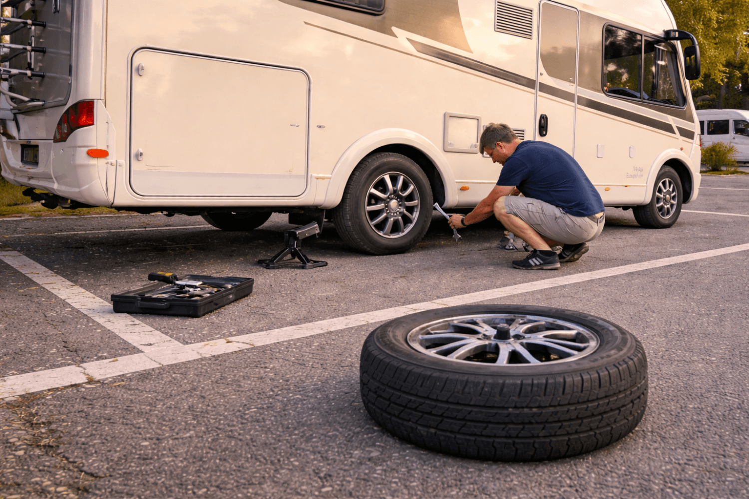 Persona cambiando una rueda de autocaravana con gato hidráulico y herramientas en zona de aparcamiento