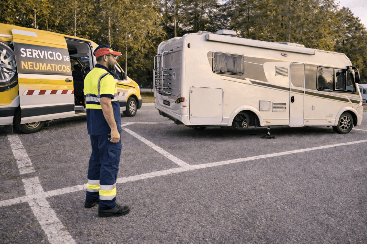Técnico inspeccionando rueda trasera de autocaravana elevada durante mantenimiento previo al viaje