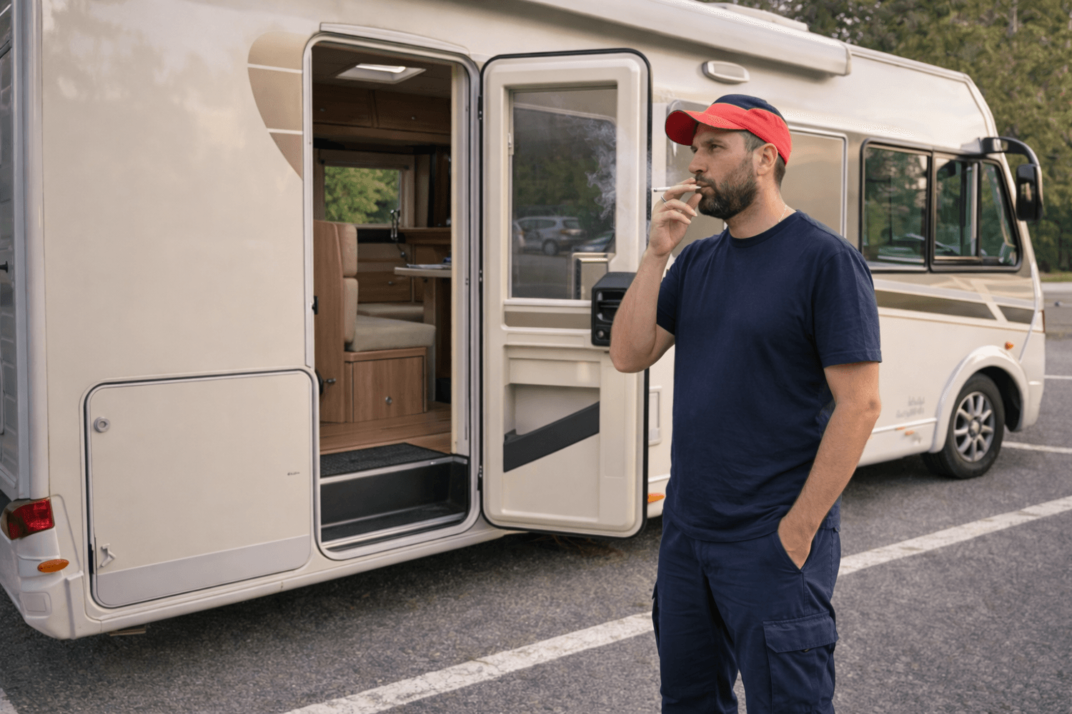 Chico esta fumando cerca de autocaravana