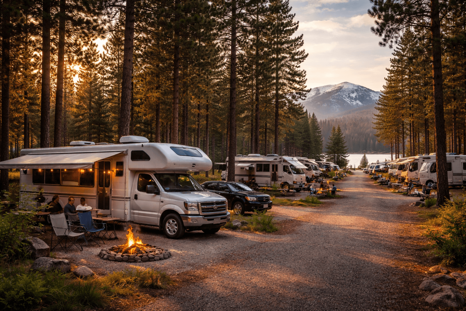 Autocaravanas estacionadas en camping natural con viajeros disfrutando de fogata al atardecer