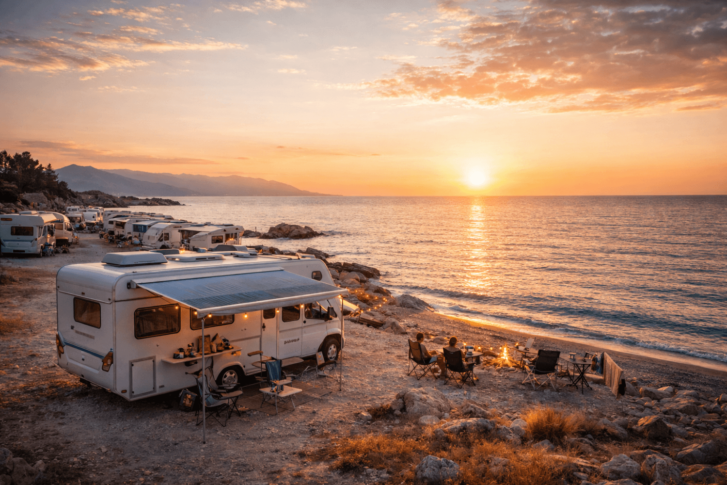 Autocaravanas junto al mar con viajeros disfrutando del atardecer y fogata en camping costero
