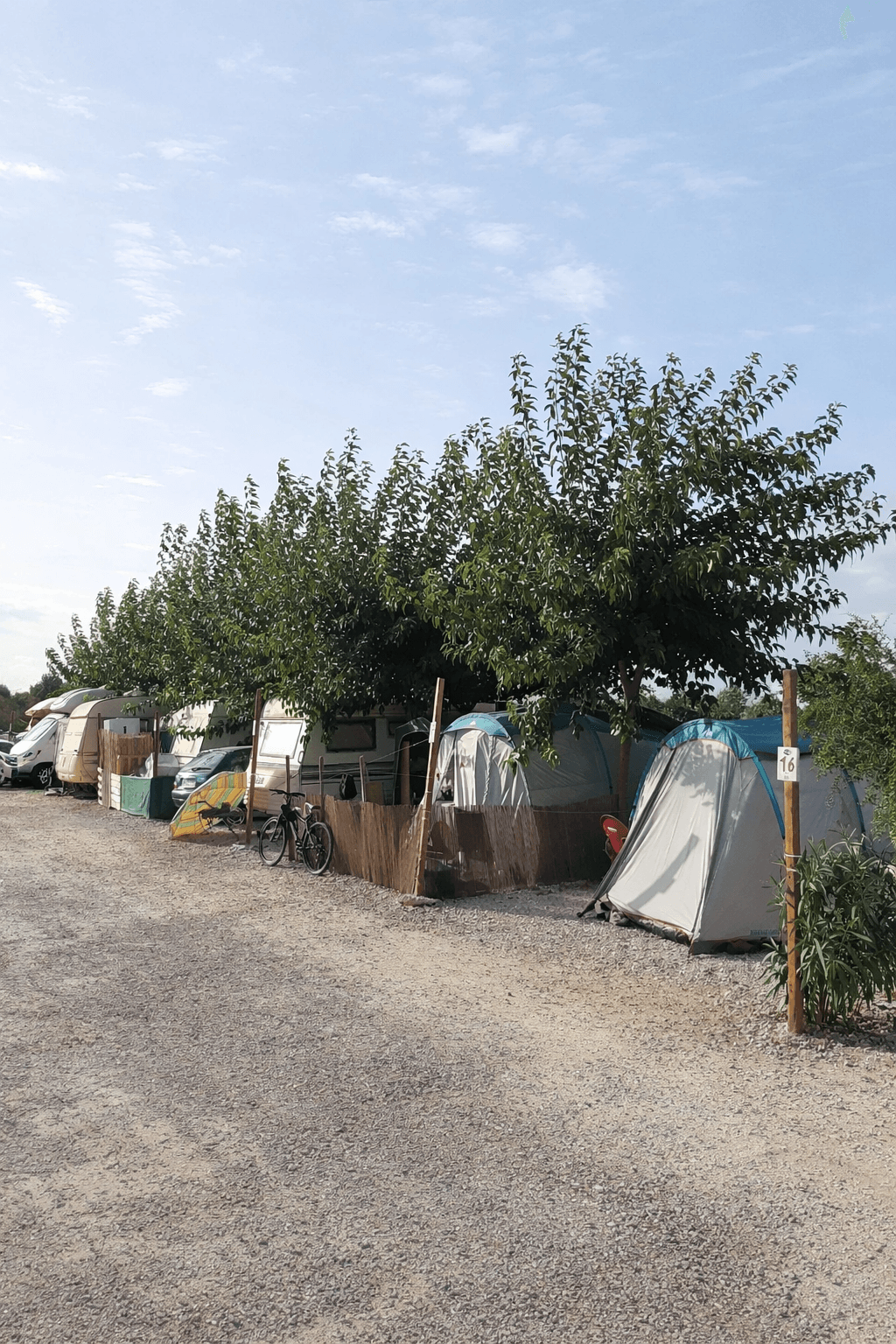 Parcelas de camping con autocaravanas y tiendas bajo árboles en área natural equipada