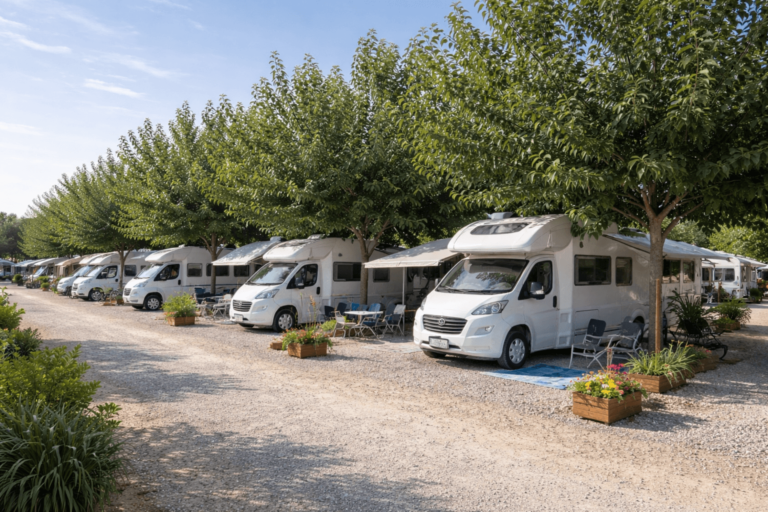 Parcelas de camping con autocaravanas y bajo árboles