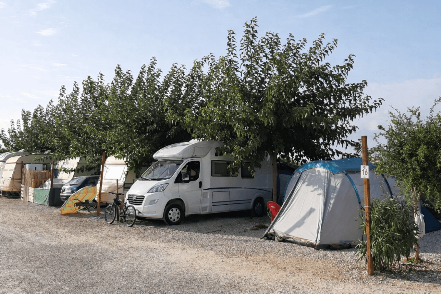 Parcelas de camping con autocaravanas y tiendas bajo árboles