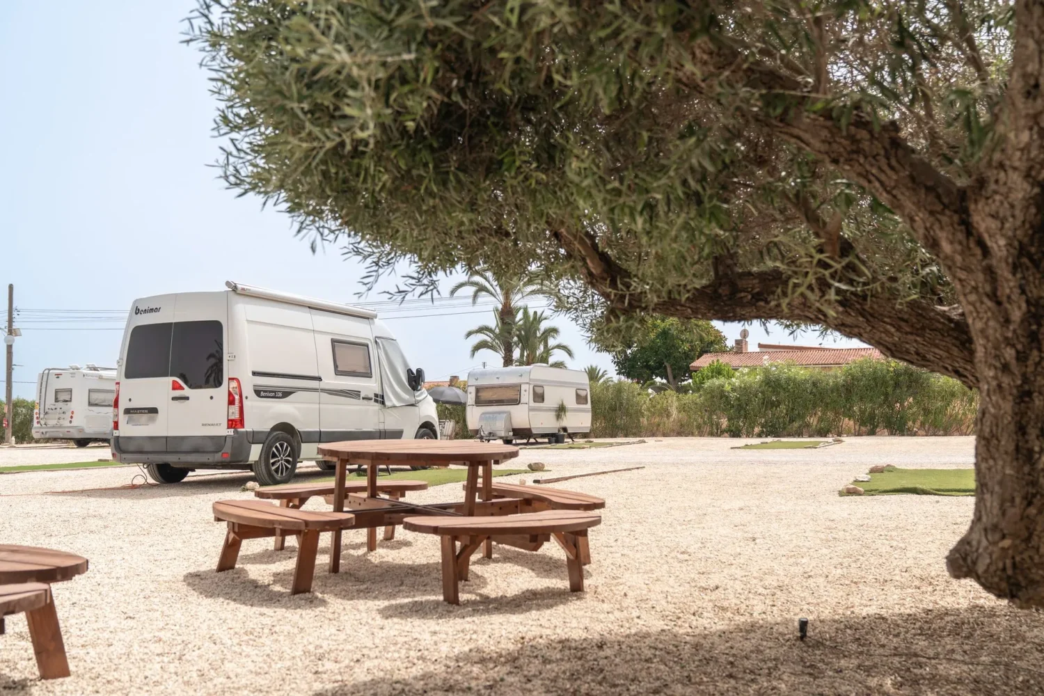 Área de picnic en camping con mesas de madera y campers estacionados bajo árboles