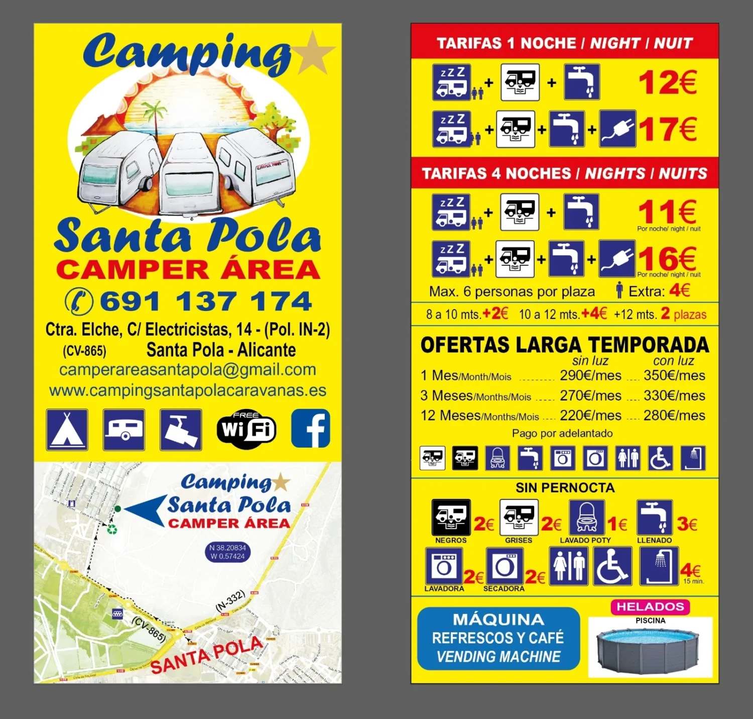 Cartel informativo del Camping Santa Pola Camper Área con tarifas por noche, ofertas larga temporada, teléfono de contacto y servicios disponibles