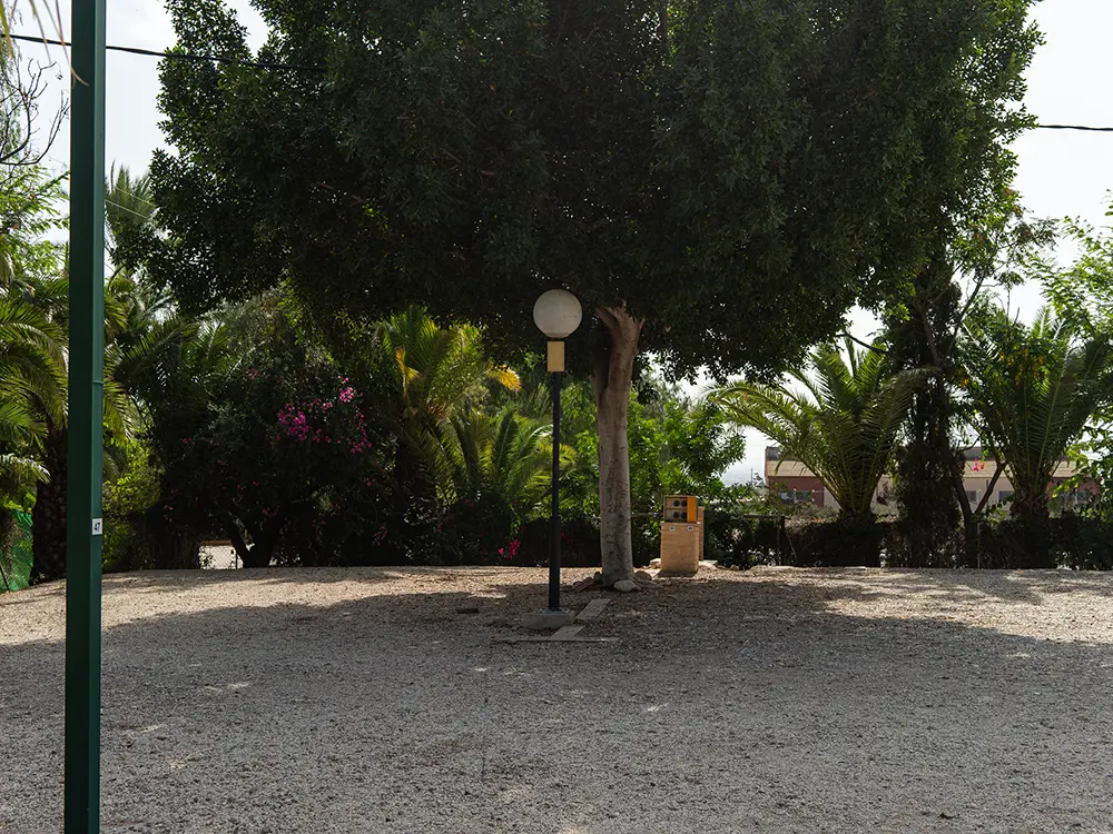 Parcela sombreada en Camping Las Palmeras Crevillent con árbol central, farola y toma de servicios rodeada de vegetación tropical