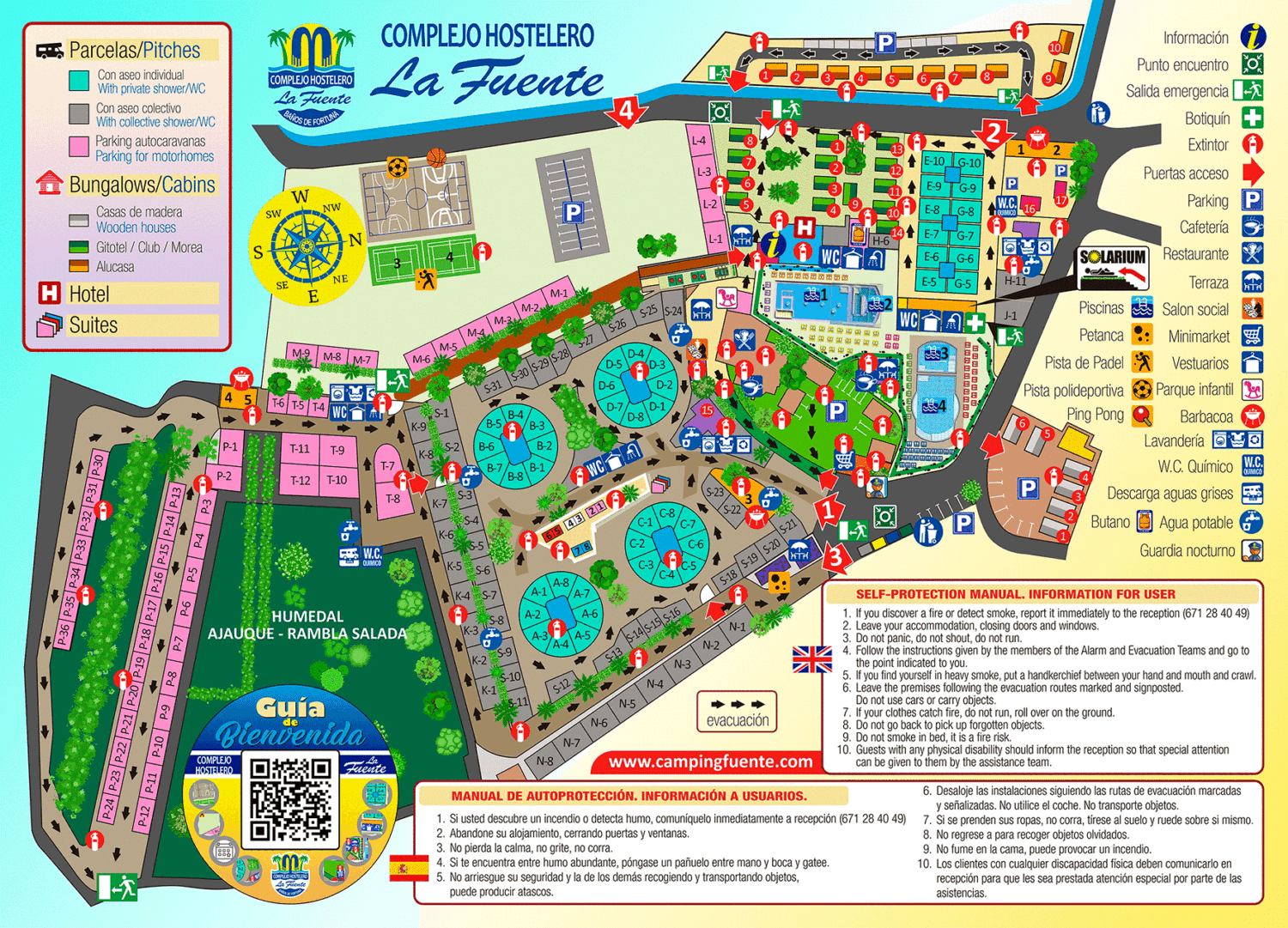 Plano del camping Complejo Hostelero La Fuente con distribución de parcelas, servicios, accesos y rutas de evacuación señalizadas