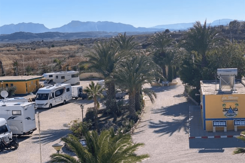 Área de camping con autocaravanas entre palmeras en entorno natural ideal para viajeros en camper