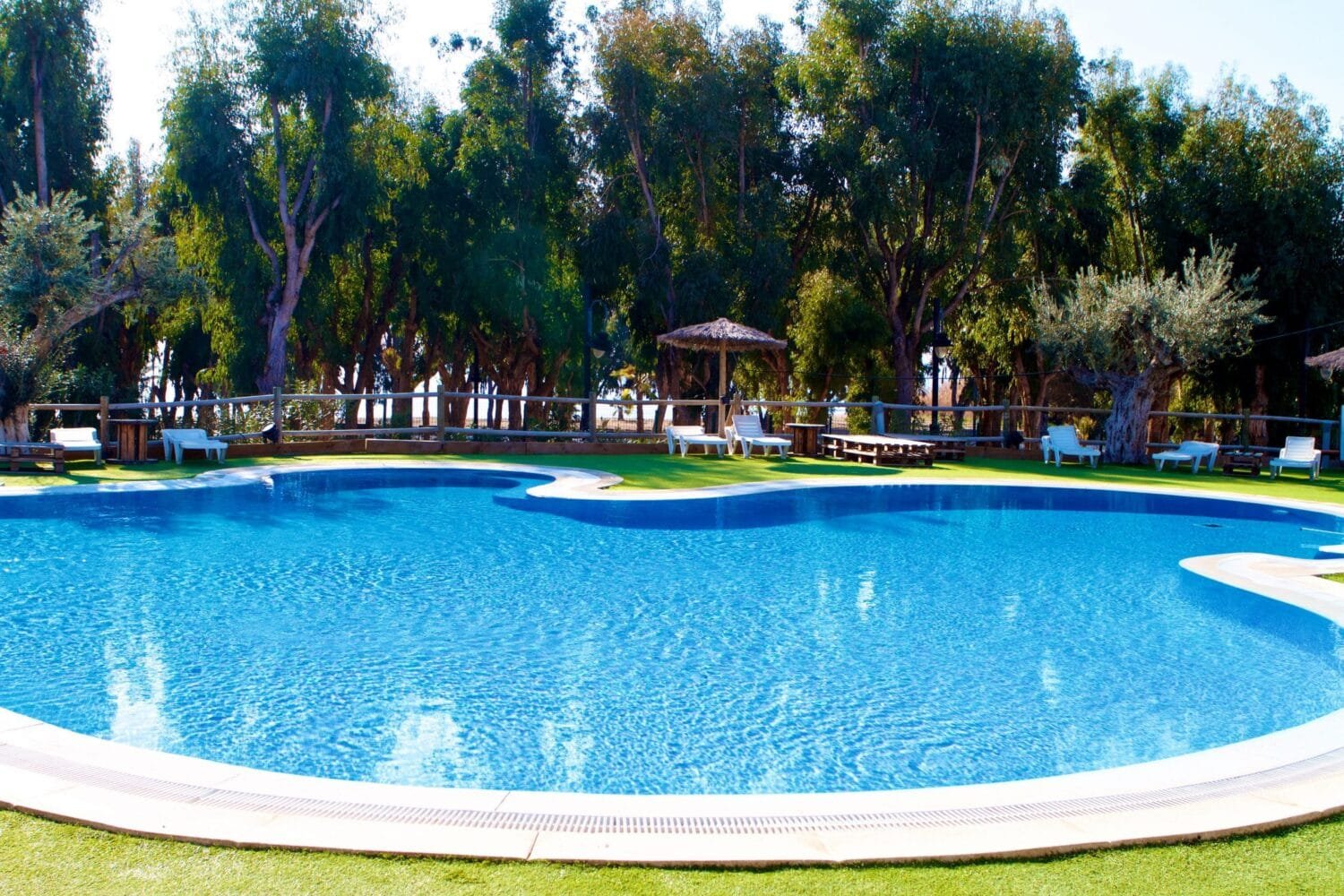 Piscina grande de camping rodeada de árboles con zona de descanso, tumbonas y ambiente tranquilo al aire libre
