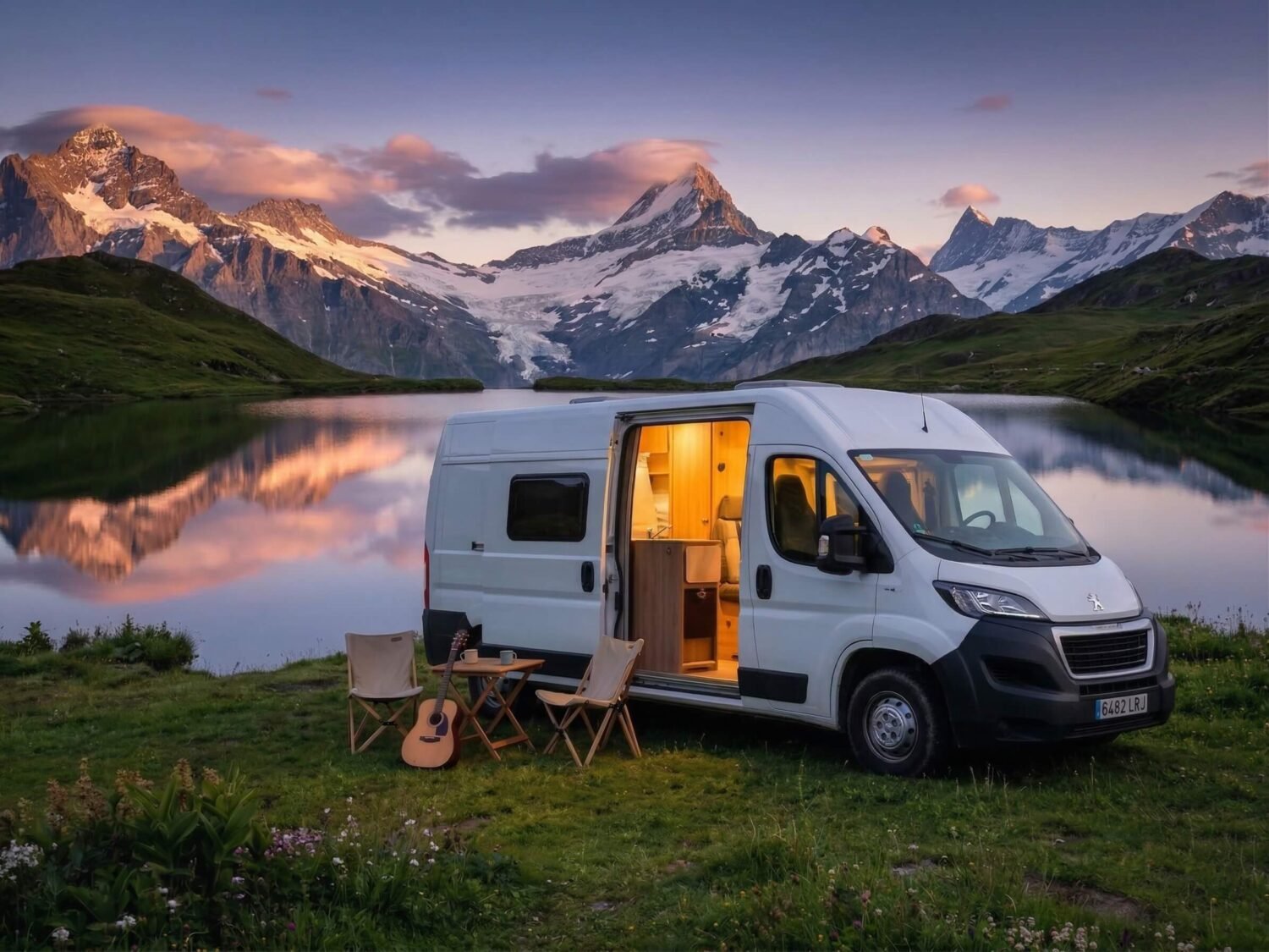 Furgoneta camper blanca junto a un lago