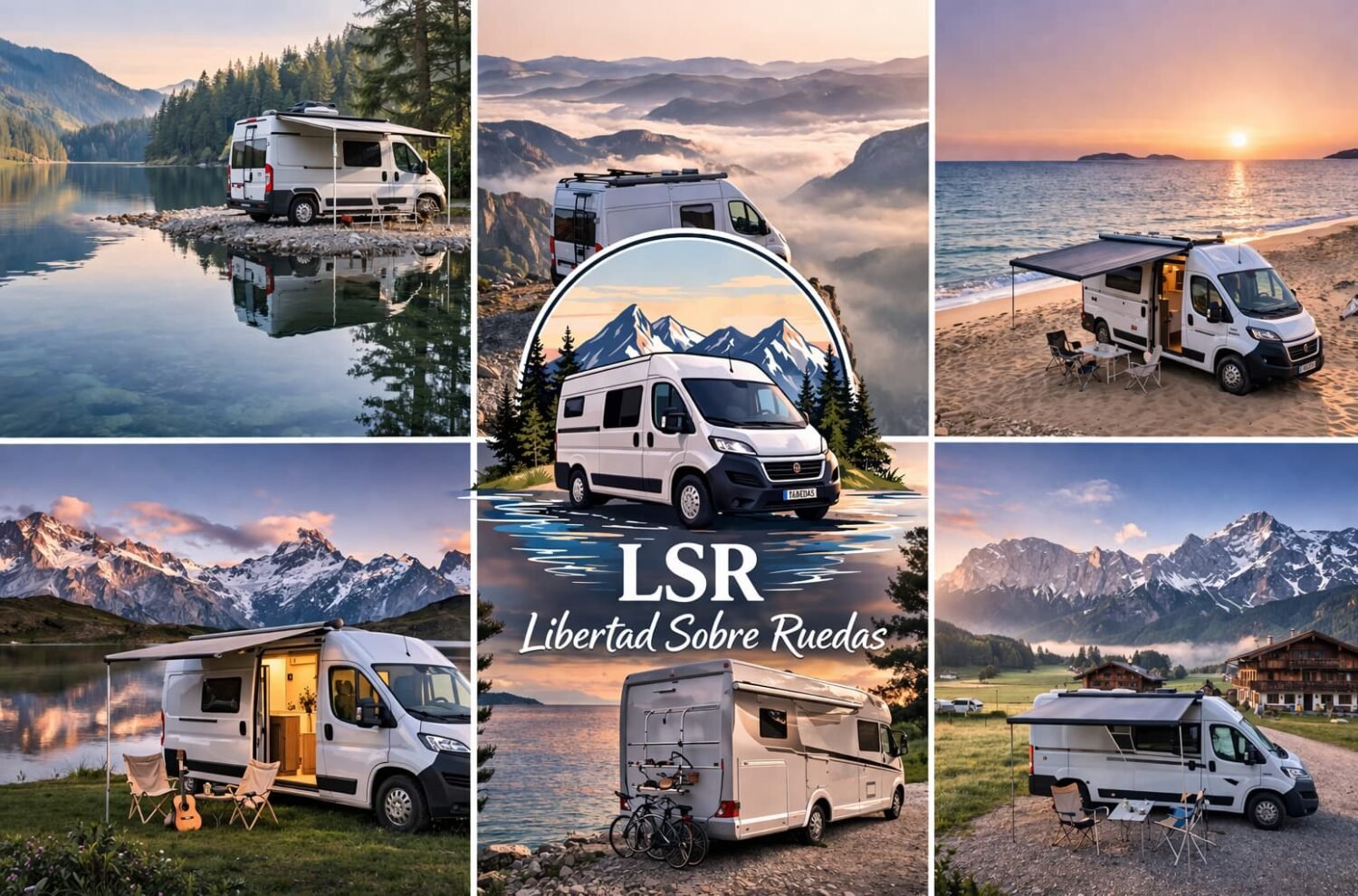 Collage de autocaravanas en diferentes paisajes naturales con Libertad Sobre Ruedas, viajes en camper por montaña, lago y playa