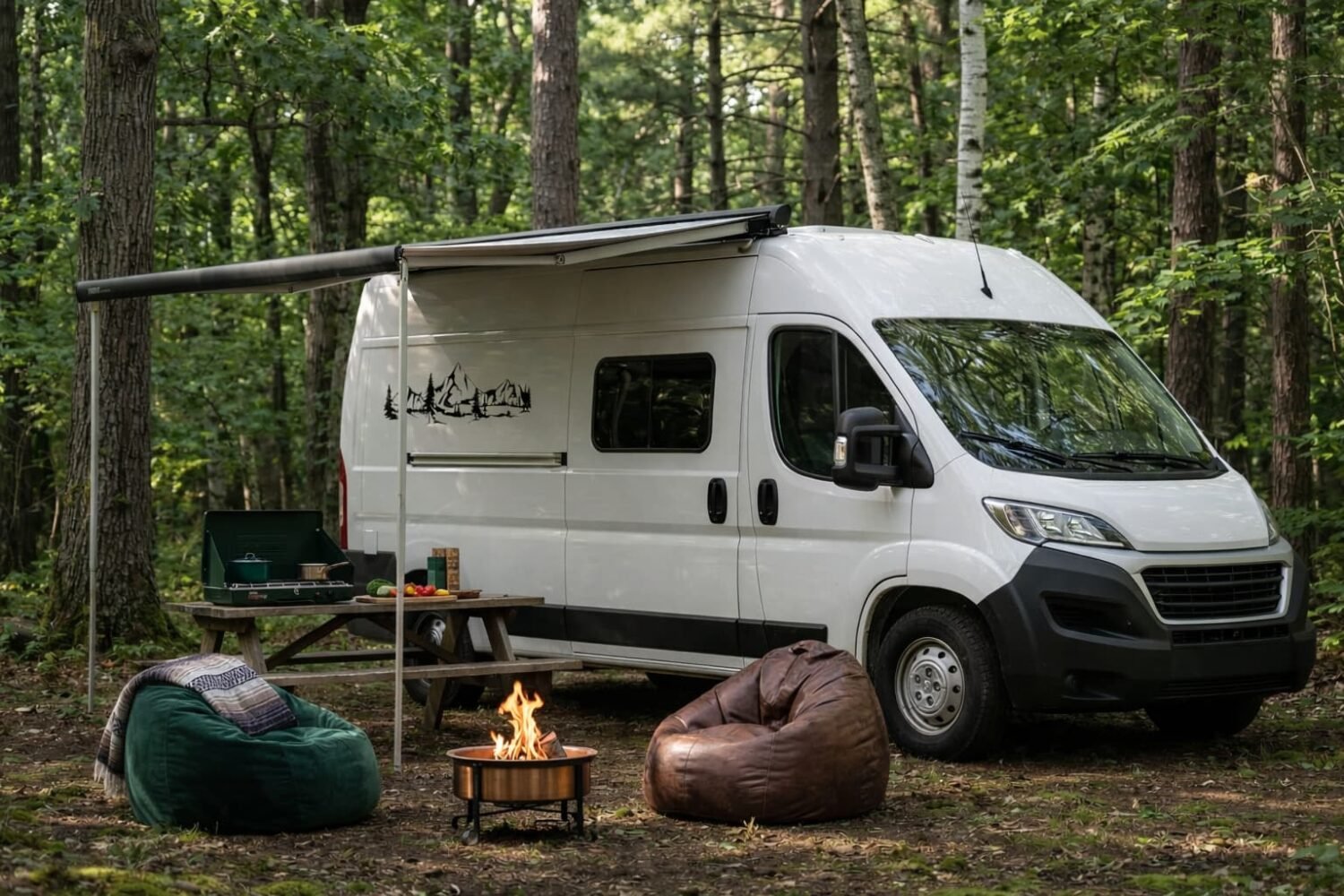 Autocaravana en el bosque con zona de camping, naturaleza y libertad para viajar con Libertad Sobre Ruedas