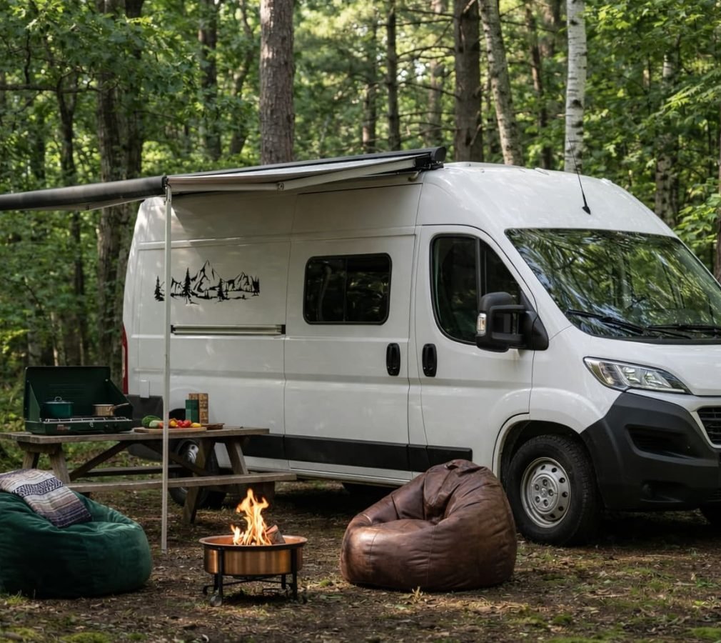 Autocaravana en el bosque con zona de camping, naturaleza y libertad para viajar con Libertad Sobre Ruedas